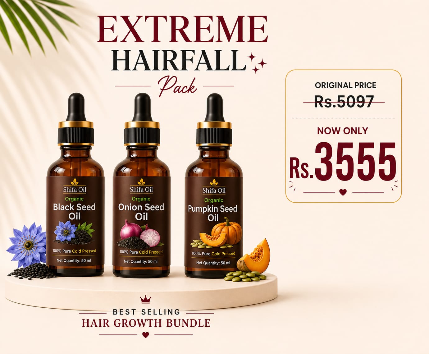 Extreme Hairfall Pack - Black Seed + Onion Seed + Pumpkin Seed Oil (3x50ml Bundle)